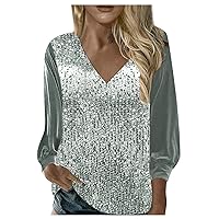 Womens Tops Comfort Soft Lanternsleeve Sequin Print Womens V Neck Tshirt Casual Loose Long Sleeve Shirts for Women