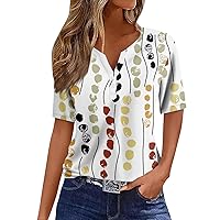 Spring Tops for Women 2024 Short Sleeve Shirt Tee Print Button Daily Weekend Fashion Basic V- Neck Regular Top