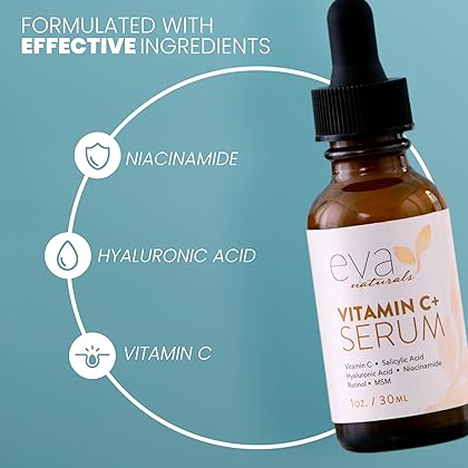 Eva Naturals Vitamin C Serum for Face Plus Hyaluronic Acid, Retinol, Niacinamide & Salicylic Acid, Anti Aging Serum, Reduce Fine Lines, Wrinkles & Dark Spots, Brightening Serum for Glowing Skin (1 oz)