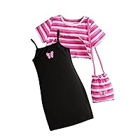 Floerns Toddler Girl's 3 Piece Stripe Super Crop Top Tee Cami Dress with Crossbody Bag