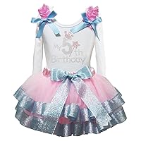 Petitebella Rhinestone My 1st to 6th White L/s Shirt Pink Blue Petal Skirt Set