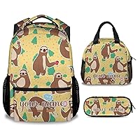 Custom Sloth Backpack with Lunch Box - Set of 3 School Backpacks Matching Combo for Girls - Funny Yellow Bookbag and Pencil Case Bundle