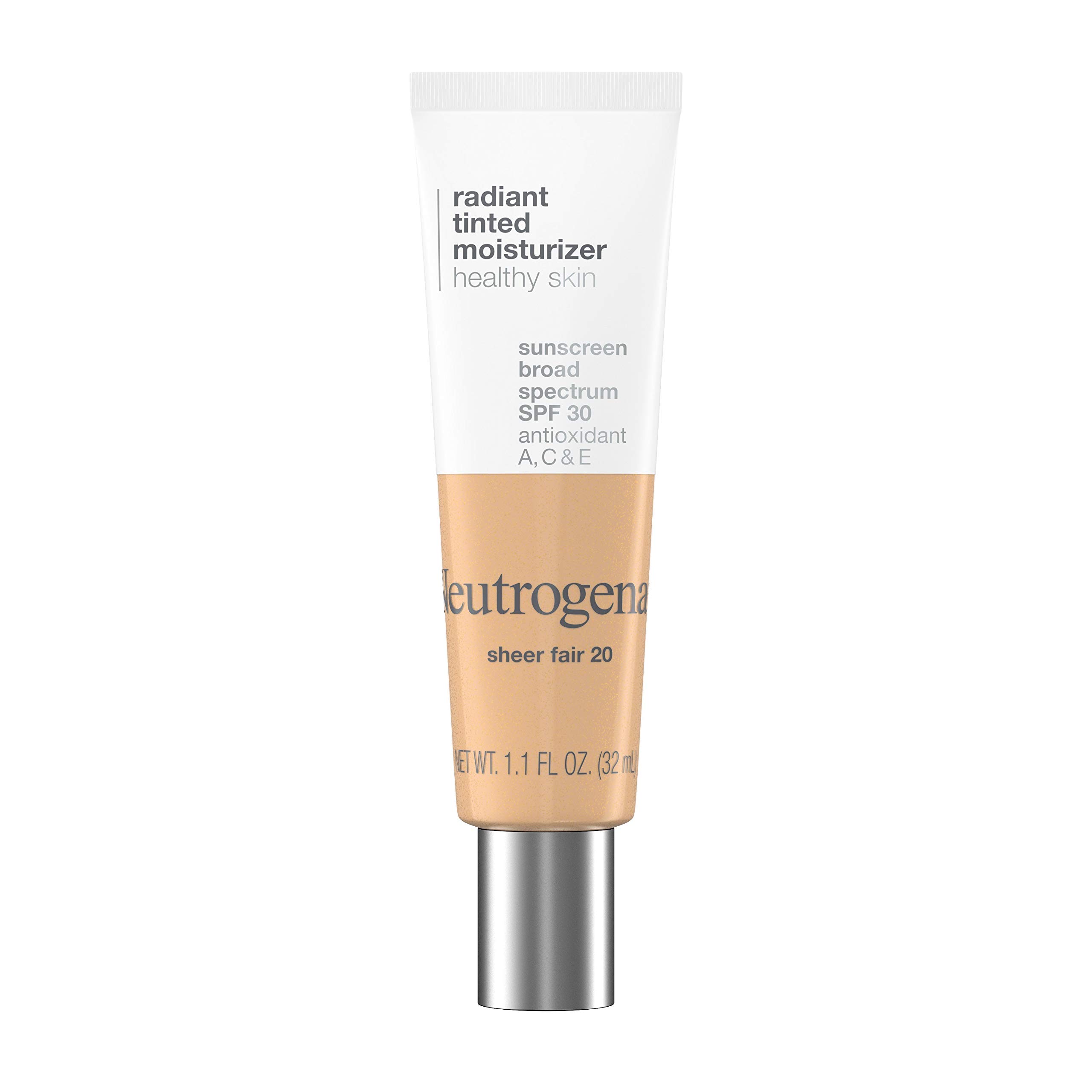 Neutrogena Healthy Skin Radiant Tinted Facial Moisturizer with Broad Spectrum SPF 30 Sunscreen Vitamins A, C, & E, Lightweight, Sheer, & Oil-Free Coverage, Sheer Fair 20, 1.1 fl. oz