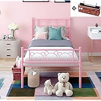New Piggy Design Pink Twin Bed Frames with Hanging Bedside Storage Caddy for Teen Girls Adults, Cute Twin Size Bed Frame, Metal Platform Twin Mattress Foundation Single Beds with Headboard