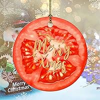 Merry Christmas Fruit Pattern Tomato Ceramic Ornament Christmas Round Tree Hanging Double Sides Printed Family Ornament with Gold String for Christmas Trees Elegant Decor 3