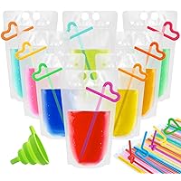 Drink Pouches, 100 Pcs Plastic Pouches with Straws Funnel, Reusable Clear Juice Pouches for Adults Fit Smoothie Ice Drink Fruit, Nuts, Coffee and Candy