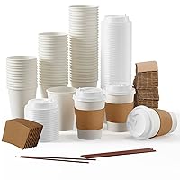 JOLLY PARTY 12 oz Disposable Paper Coffee Cup with Lids, Sleeves, and Stirrers, Hot/Cold Beverage Drinking Cup for Water, Juice, Coffee or Tea, Suitable for Home, Shops and Cafes, [100 Pack]