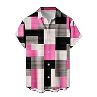 1950s Bowling Shirt Mens Summer Short Sleeve Geometric Plaid Print Hawaiian Shirts Vacation Beach Button Down Shirt