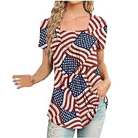 Womens American Flag Shirt Patriotic T-Shirt USA Flag Tops 4th of July Tees Square Neck Pleated Flowy Blouses