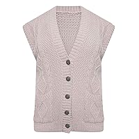 GirlzWalk Womens Cable Knitted Grandad Waistcoat Ladies Sleeveless Pocket Button Cardigan