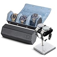Genuine Leather Watch (Grey/Light Blue) and Watch Stand (White/Silver/Black)