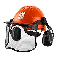 Husqvarna 592752701 Chainsaw Helmet with Metal Mesh Face Shield, Adjustable Ear Muffs for Hearing Protection, and Sun Peak, HDPE Forestry Helmet Shell, Orange