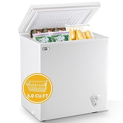 5.0 Cubic Feet Chest Freezer Small Deep Freezers with Removable Storage  Basket Free Standing Top Door Compact Freezer 7 Gears Temperature Control  for