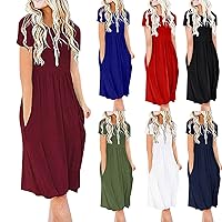 GBSELL Women's Casual Maxi Dress Short Sleeve Crew Neck with Pockets Solid Loose Fit Midi Dress