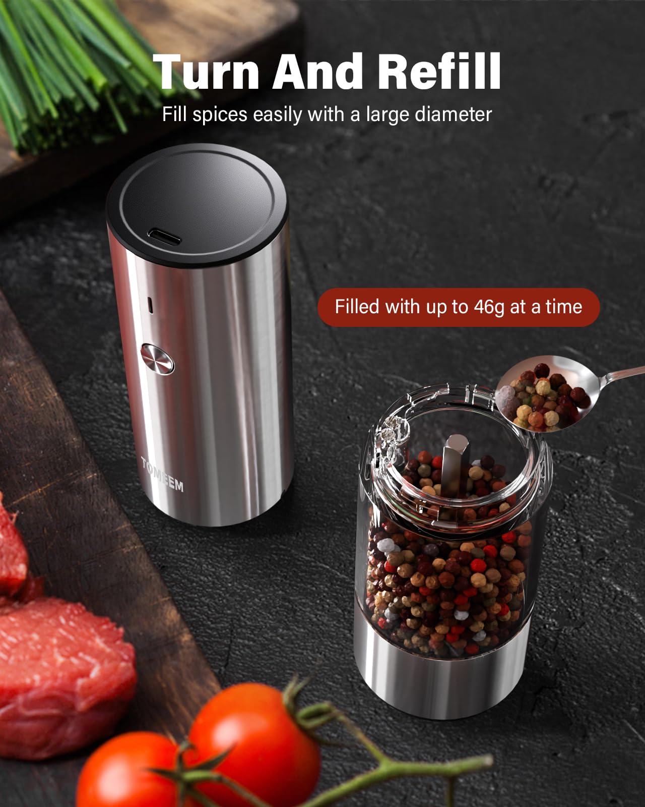 [Upgraded Larger Capacity] Electric Salt and Pepper Grinder Set Rechargeable with LED lights - Stainless Steel Automatic Pepper Grinder and Salt Grinder Refillable with 6 Adjustable Coarseness