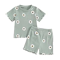 Kupretty Toddler Baby Girl Summer Clothes Ruffle Ribbed Knit Short Sleeves T-Shirt Tops + Shorts Cute Outfits Set