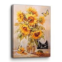 BAVEQAS Monet Inspired Wall art Black Cat Peek Sunflowers Canvas Print Butterfly Floral Wall Decor Warm Autumn Nature Scene for Living Room Bedroom 12x16 Inch Framed Ready to Hang