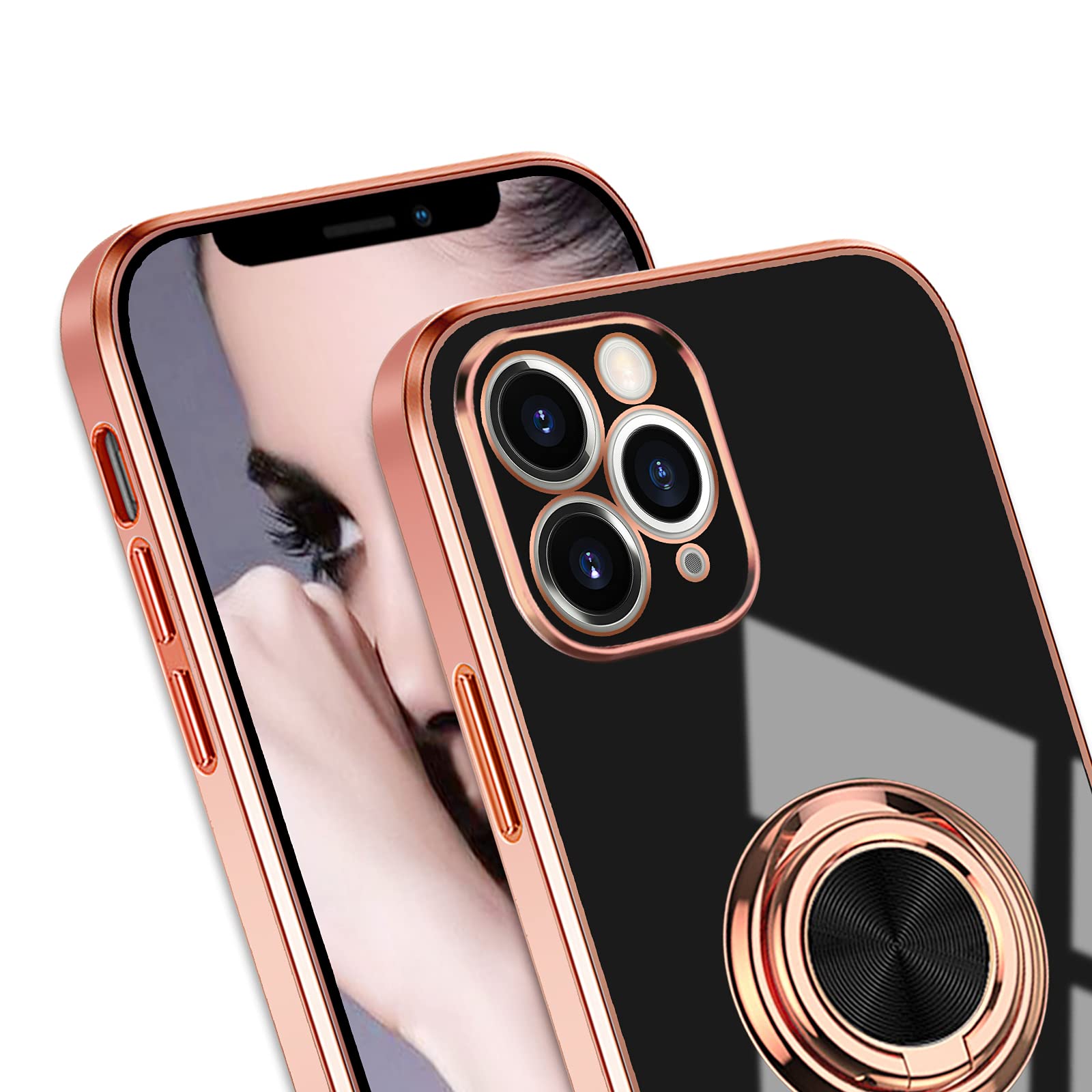 Omorro for Case iPhone 11 Pro Max Case for Women with Ring Holder, 360 Degree Rotation Kickstand Girly Cases Bling Glitter Plating Rose Gold Slim Soft Luxury Protective Cover Cases for Girls Black