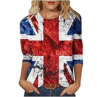Vintage Distressed British Flag Shirts Women 3/4 Sleeve Crewneck Loose Tee Tops United Kingdom UK Pullover Blouses