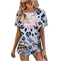 Women Flower Lace Patchwork Leopard Asymmetrical Tops Summer Short Sleeve Button Ruched Fashion Casual Tunic Shirts