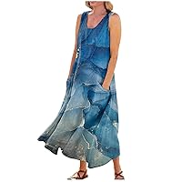2024 Summer Dresses for Women Sleeveless Dress for Women 2024 Marble Print Fashion Loose Fit Casual Trendy U Neck Dresses with Pockets Dark Blue Large