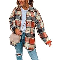 Kissonic Women's Casual Wool Blend Long Plaid Shirt Coat Button Up Pocketed Shacket Jacket