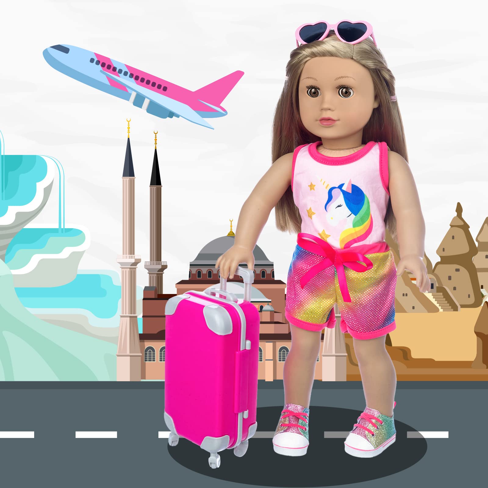 XFEYUE 23 Pcs 18 inch Doll Clothes and Accessories - Suitcase Luggage , Pillow, Sunglasses, Camera, Passport, Mobile Phone , Computer Doll Travel Gear Play Set Fit 18 inch Girl Doll (No Doll)