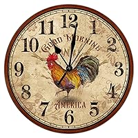 Rustic Rooster Hen Good Morning Decorative Wall Clock 12Inch Round Clocks Country Decor Chicken Art Clocks Quartz Battery Operated Wall Clocks Vintage Country Style for Kitchen Bedroom Office