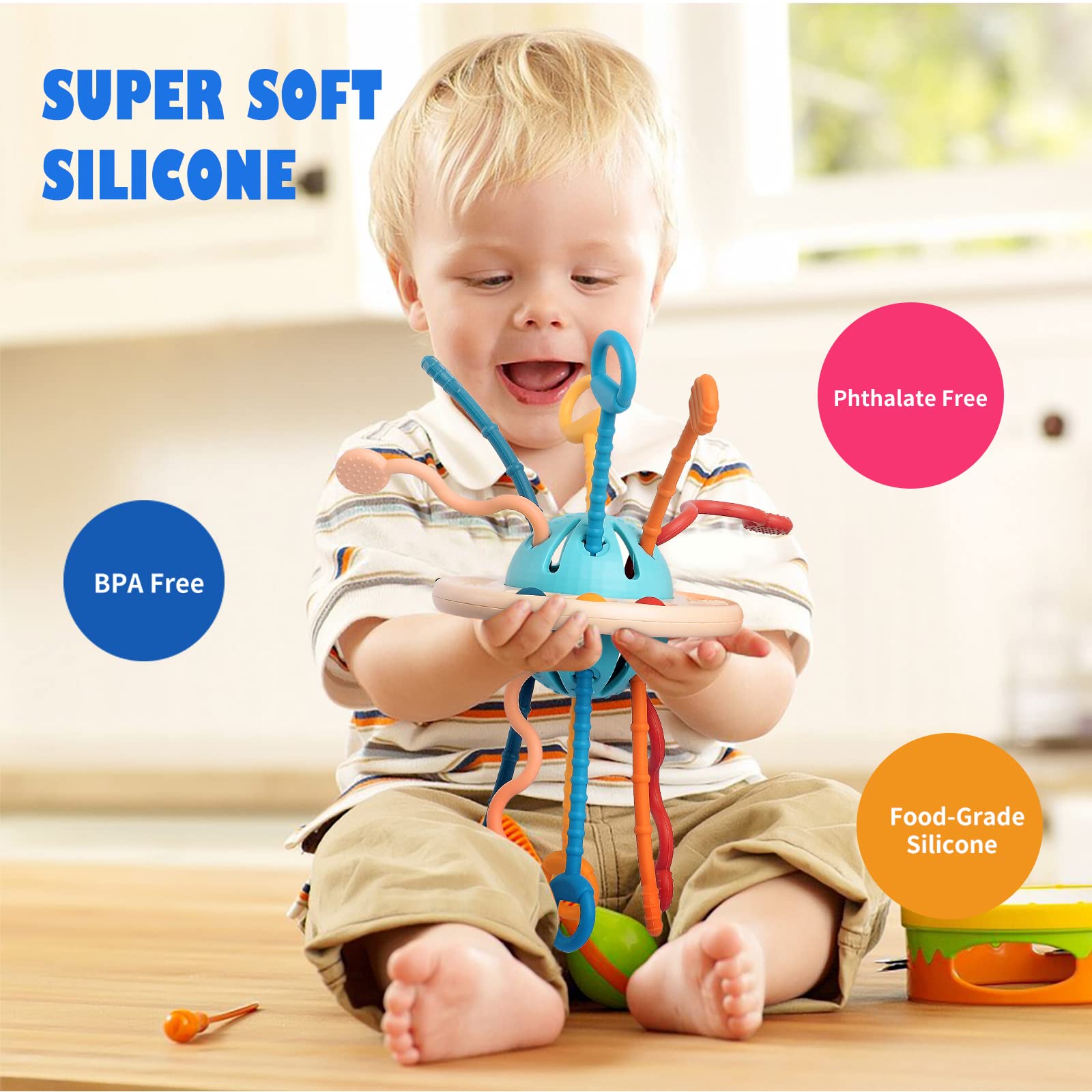 Montessori Toys for Babies 6-12 Months, Baby Sensory Toys for Toddler, Baby Toys 12 to 18 Months, Food-Grade Silicone Pull String Toy for Sensory Development, Travel Toys for 1 Year Old Birthday Gift