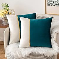 MIULEE Pack of 2 Decorative Velvet Throw Pillow Covers Patchwork with Gold Leather Square Soft Solid Pillowcases Couch Pillows Cushion Covers for Bed Sofa Living Room 18 X 18 Inch Teal Green