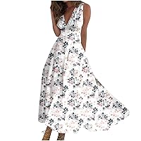 Winter Dresses for Women 2024, Summer Sundress Sleeveless Strap V Neck Spring Boho Floral Elastic Waist Ruffle Long Dresses 2024 White Resort Dresses Prom Maxi Dresses Maxi (3XL, Navy)