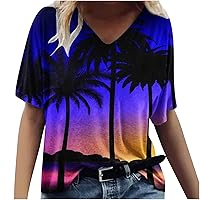 Women's Beach Shirts Hawaiian Sunset Palm Tree Graphic Tees Short Sleeve V Neck T-Shirt Summer Vacation Vintage Tops
