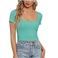 Women Cropped Summer Tops Square Neck Slim Fit T Shirts Going Out Crop Top Cute Short Sleeve Tee Tight T-Shirt