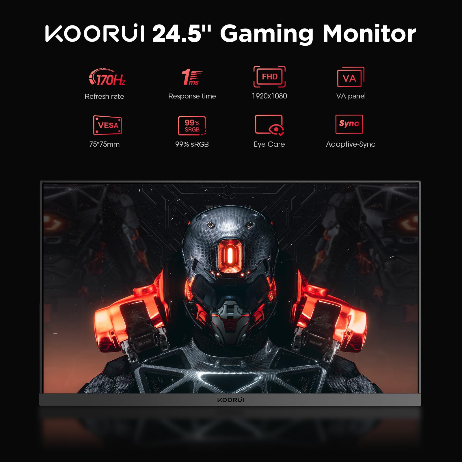 KOORUI 24.5 Inch FHD Gaming Monitor, Computer Monitors Full HD (1920 x 1080), VA, 1ms, FreeSync & G-Sync Compatible, 2X HDMI(144Hz) & DisplayPort(170Hz), sRGB 99%, VESA, Tilt Adjustable, Eye Care