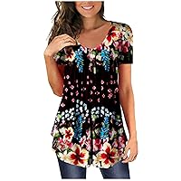 Womens Plus Size Tops,Short Sleeve Tunic V-Neck Button Shirt Casual Summer Fashion Sexy Printed Tees T-Shirt