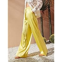 Women's Dress Drawstring Waist Slant Pocket Satin Pants (Color : Yellow, Size : X-Small)
