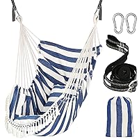 Chihee Hammock Chair Hanging Swing 2 Pillows Included,Strong Webbing Straps and Hooks for Easy Hanging Soft Cotton Hanging Chair Side Pocket Tassel Chair Comfort Indoor Outdoor Blue White