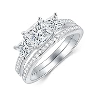 Princess Cut Wedding Ring Set for Women Platinum Plated Silver 3 Stone Moissanite Bridal Ring Set Engagement Ring Set White Gold Anniversary Promise Rings for Her