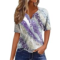 Boho Clothes for Women,Womens Tops V Neck Henley Button Sequin Floral Print Y2K Tee Shirts Fashion Button Down Boho Hawaiian Blouse Business Professional Clothes for Women