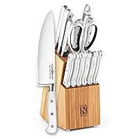 Cook N Home Kitchen Knife Set with Bamboo Storage Block 15-Piece, High Carbon Stainless Steel Blade, White