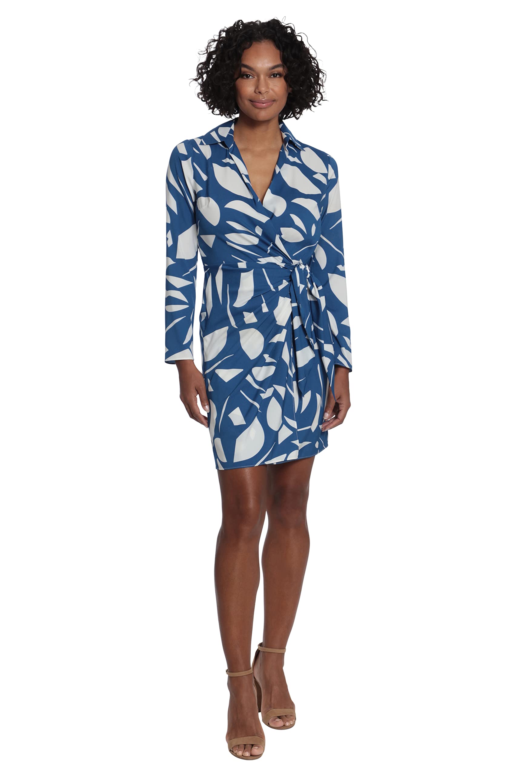 London Times Women's Geo Printed, Above The Knee Faux Wrap Dress with Tie and Collar