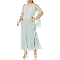 J Kara Women's Plus Size Sleeveless Scallop Long Beaded Dress with Scarf
