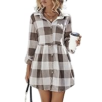 TLULY Dress for Women Buffalo Plaid Print Button Front Smock Dress (Color : Multicolor, Size : Medium)