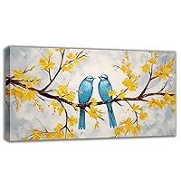 Bird Canvas Wall Art, Blue Birds on Branches Full of Yellow Flowers Painting Poster Print Abstract Vintage Bird Picture Print for Bathroom Dining Room Decor(Artwork-03, 24