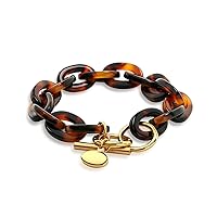 Fashion Statement Brown Golden Acrylic Marbled Leopard Tortoise Shell Wide Or Narrow Cuff Bangle or Oval Chain Link Bracelet For Women Teen Yellow Gold Plated Stainless Steel Adjustable Toogle