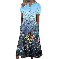 Sundresses for Women Casual Summer Short Sleeve V Neck Floral Print Button Down Long T Shirt Dress with Pockets