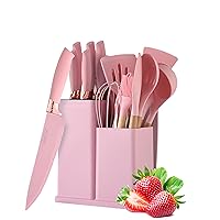19pcs Chef Knife Pink kitchenware set with pink Knives –Sharp Blades, Stainless Steel, Walnut Handles,cute,Dorm