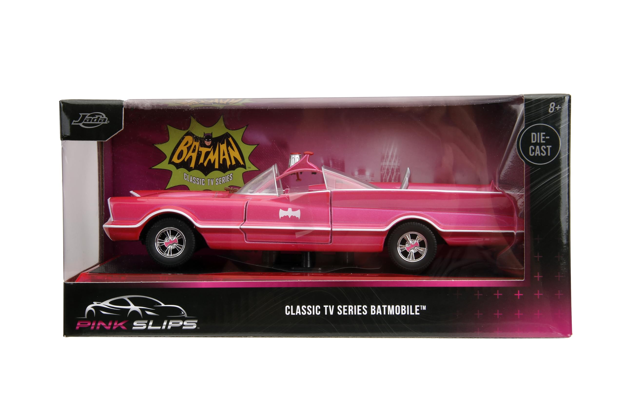 Pink Slips W7 1:24 Classic TV Series Batmobile Die-Cast Car w/Base, Toys for Kids and Adults(Pink)
