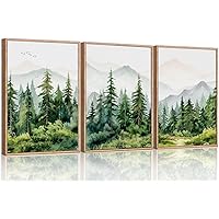 Ausril Watercolor Mountain Range Framed Canvas Wall Art Set, Green Forest Tree Wall Decor, Woodland Nursery Wall Painting, Modern Wilderness Art Print for Living Room, Bedroom, Office-16 x24 x3