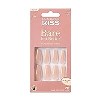 Bare but Better Press On Nails, Nail glue included, Nude Drama', Nude, Long Size, Coffin Shape, Includes 28 fake nails, pink gel nail glue (net wt. 2g / .7 oz.), mini file, and manicure stick.